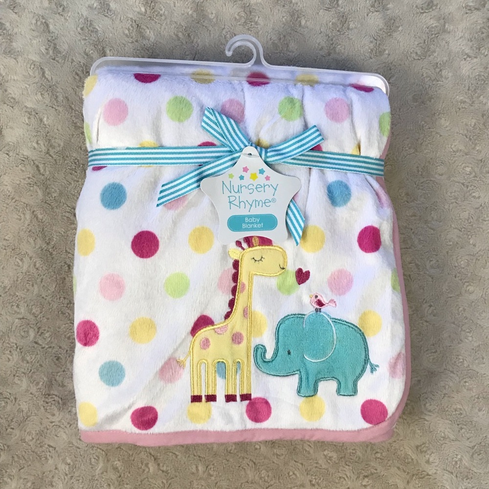 Nursery Rhyme Giraffe Elephant Baby Blanket Pink Polka Dots Yellow White Blue